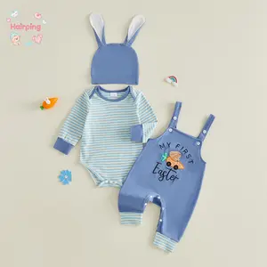 Baby Boy My First Easter Outfit Set, 3PCS Striped Long Sleeve Romper + Bunny Embroidered Overalls + 3D Ear Hat, Cute Easter Bunny Baby Clothes for 0-18 Months