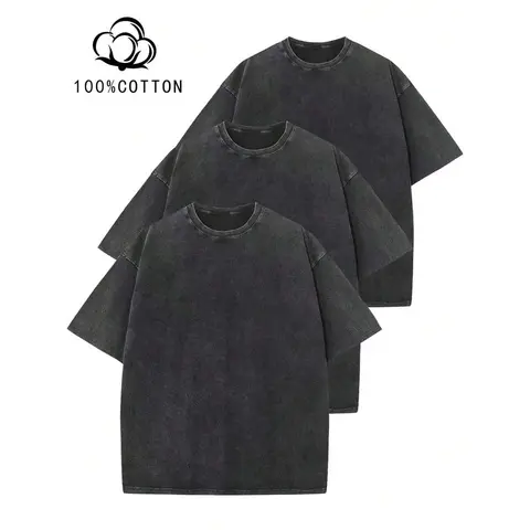 Men's 3-Pack Oversized Soft Pure Cotton Graphic T-Shirts - Unisex Vintage Acid Wash, Loose Drop-Shoulder, Sweat-Absorbing Streetwear Tops for Back to School, Party Gifting