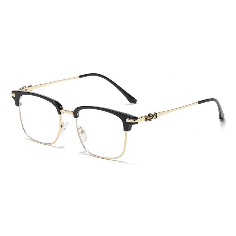 Blue Light Blocking Browline Glasses for Men Women, Black and Gold Semi Rim Square Frame with Decorative Pattern Temple, Anti Eyestrain Computer Eyeglasses