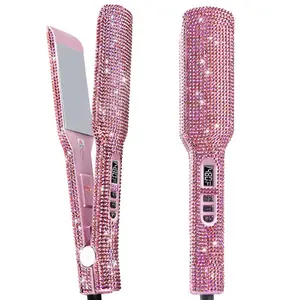 Bling Rhinestone 2-in-1 Hair Straightener & Curler - 2-Inch Titanium Flat Iron, 480°F Salon-Grade Heat, Instant Heat-Up & Dual Voltage (Rose Pink)