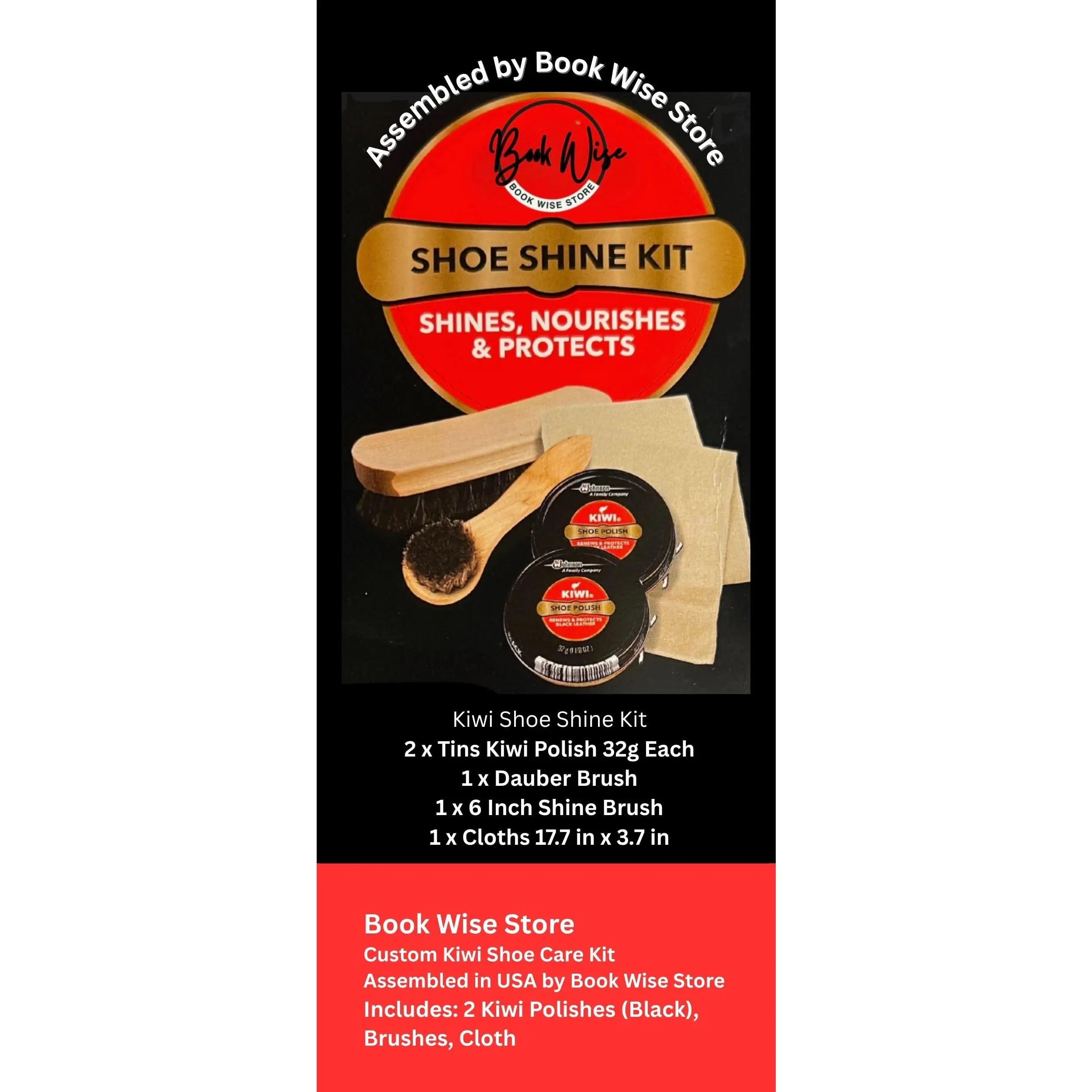 Kiwi Shoe Polish 2-Pack with Horsehair Brushes and Shine Cloths – Complete Shoe Care Kit (Black Polish x2, Shine Brush, Dauber, 1 Cloth)