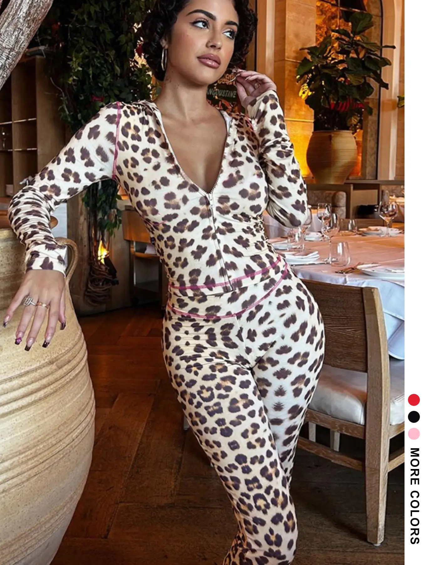 Women's Plain/Leopard Print Zipper Crop Top & Pants Two-Piece Set, Casual Long Sleeve Top & Trousers for Spring & Fall, Lady Clothes for Daily Wear