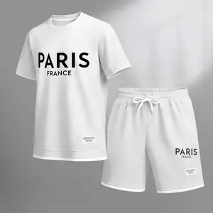 Men's Paris print drawstring shorts set for spring/summer, a casual summer outfit including a short-sleeved shirt and shorts, suitable for everyday wear and sports. A two-piece set for a relaxed and energetic lifestyle.