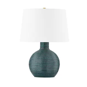 Sara Table Lamp - Vintage Holophane Style with Clear Ribbed Glass and Textured Ceramic Base
