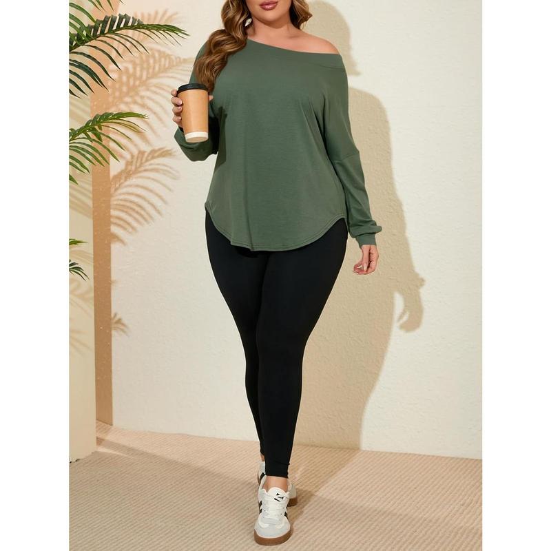 Goranbon Women's Plus Size Tops Off Shoulder Long Sleeve Loose T Shirts Casual Curved Hem Tunics Tee Shirt