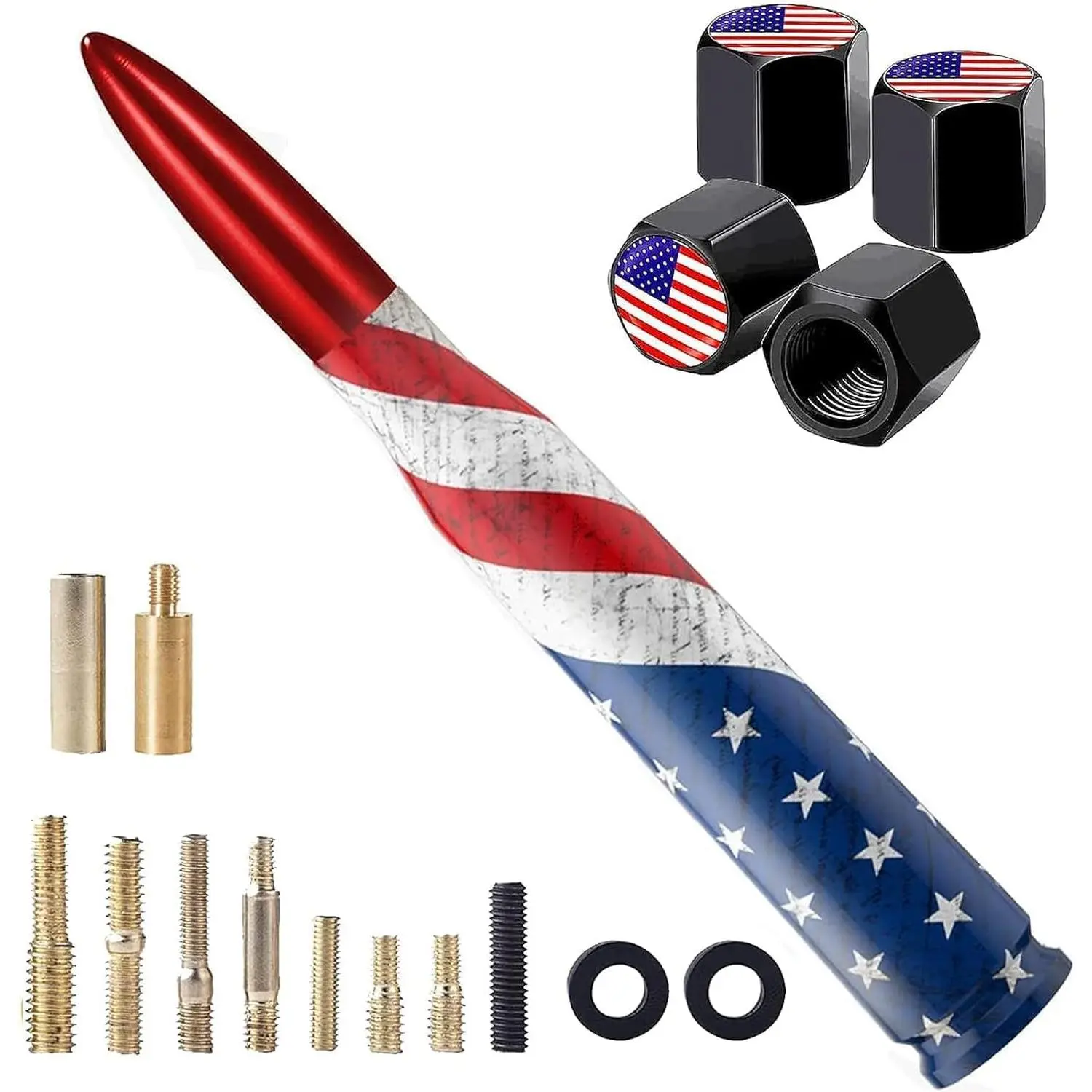 Car Truck Bullet Antenna with Valve Stem Caps for F150 F250 F350 Super Duty Raptor Dodge Ram 1500 2500 3500, Truck Accessories(Red)- American Flag Design-Car Wash Safe