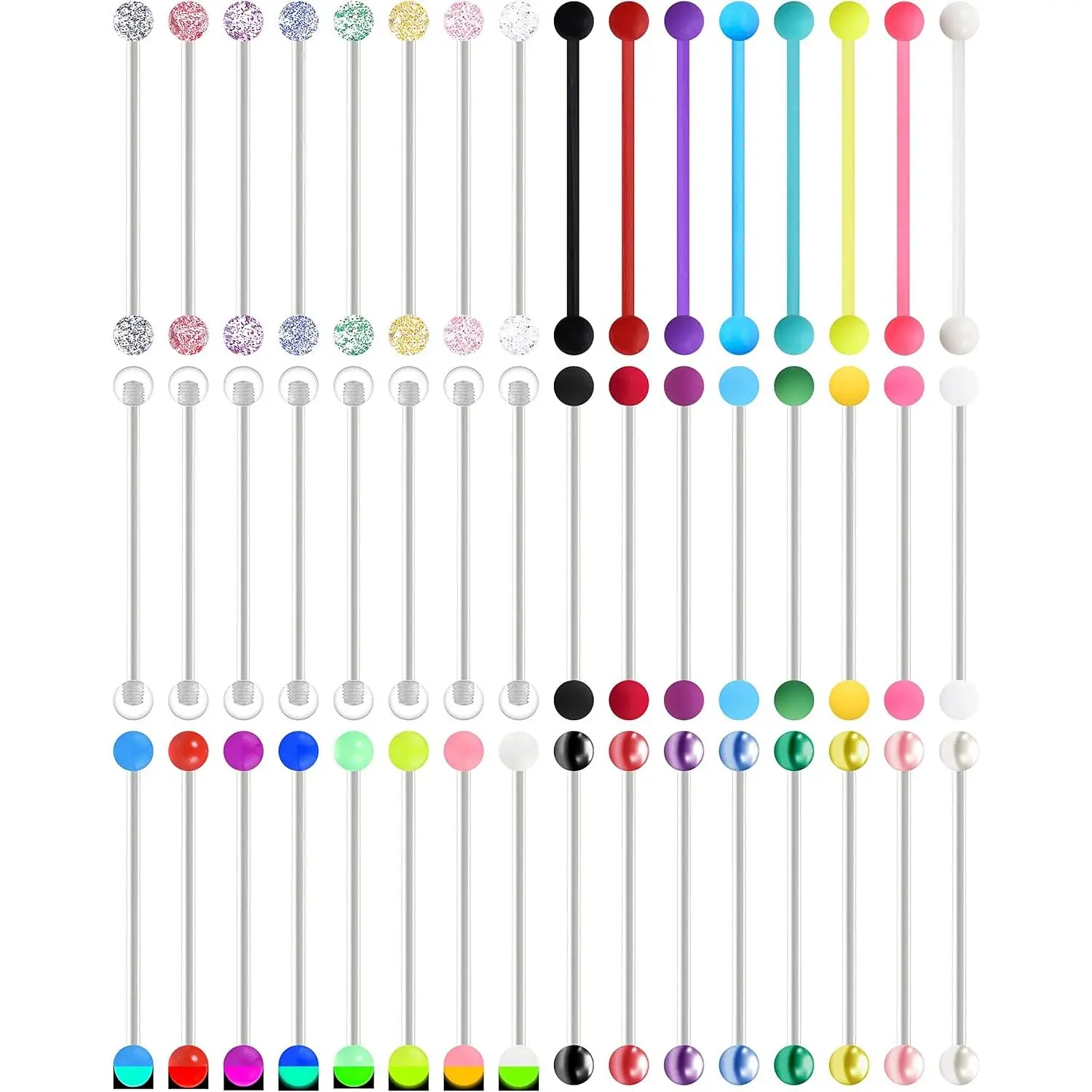 Industrial Barbell Piercing Set, 48-Piece Assorted Styles in Acrylic & Steel, Cartilage Jewelry for Women Men, 14G 1.6mm Gauge, 38mm Bar, 5Mm Ball Diameter