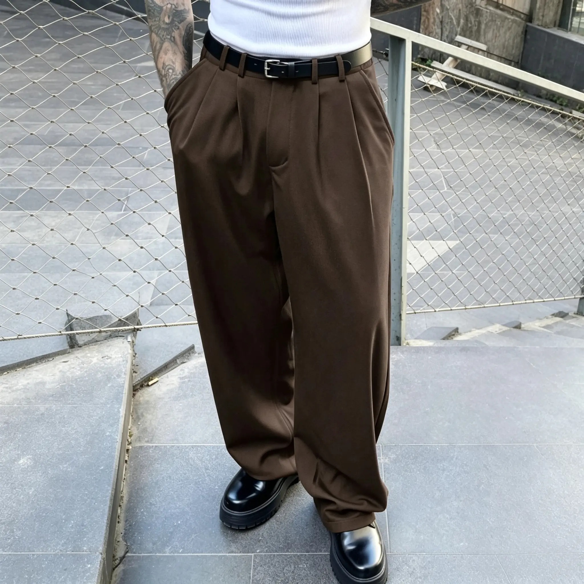 JOGWAVE Men’s High Waist Loose-Fit Polyester Solid Plain Old Money Style Wide-Leg Street Wear Pants - Lightweight, Comfortable, Flexible, Versatile Uniform-Style Workwear Long Pants