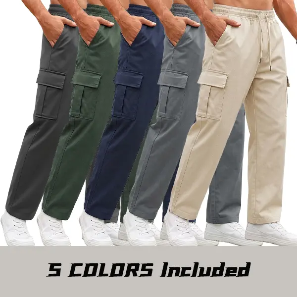 Men's Utility Cargo Pants, 5-Pack Set of Plain Loose Straight-Leg Woven Fabric Trousers for Casual Streetwear, Simple, Basic, Classic, Menswear, Pockets