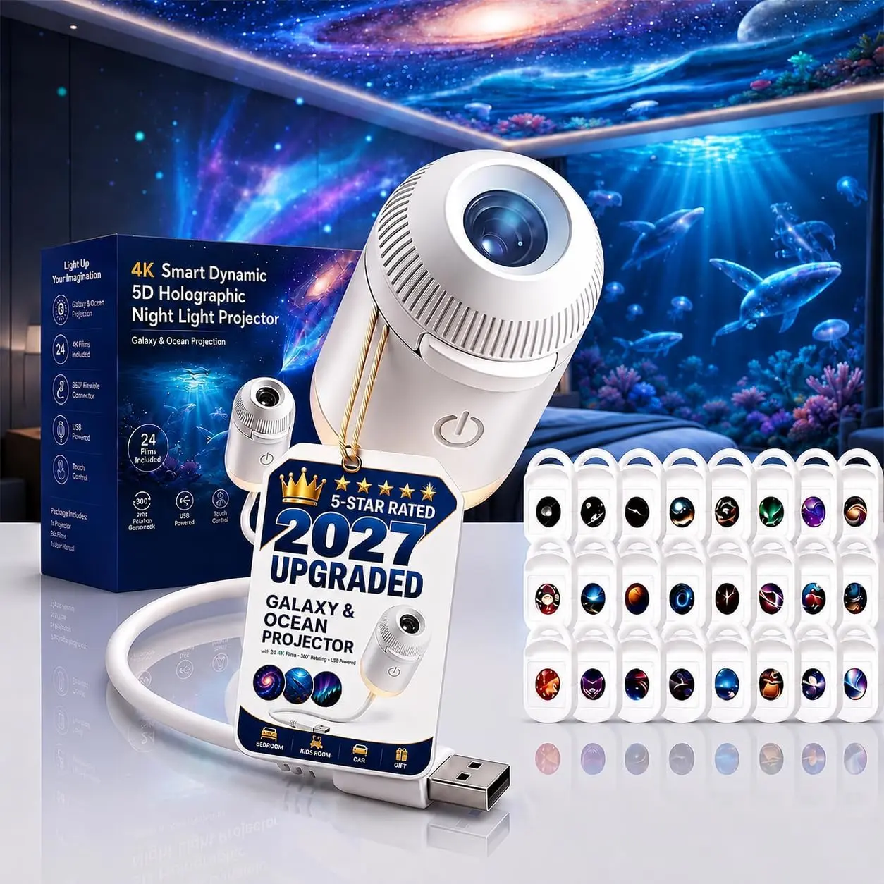 Galaxy Projector Night Light, 2-in-1 Holographic Star 5d Ocean Projector Plug and Play hd Star Smart Ceiling Projectors Lamp 360° Space Starry Sky USB...