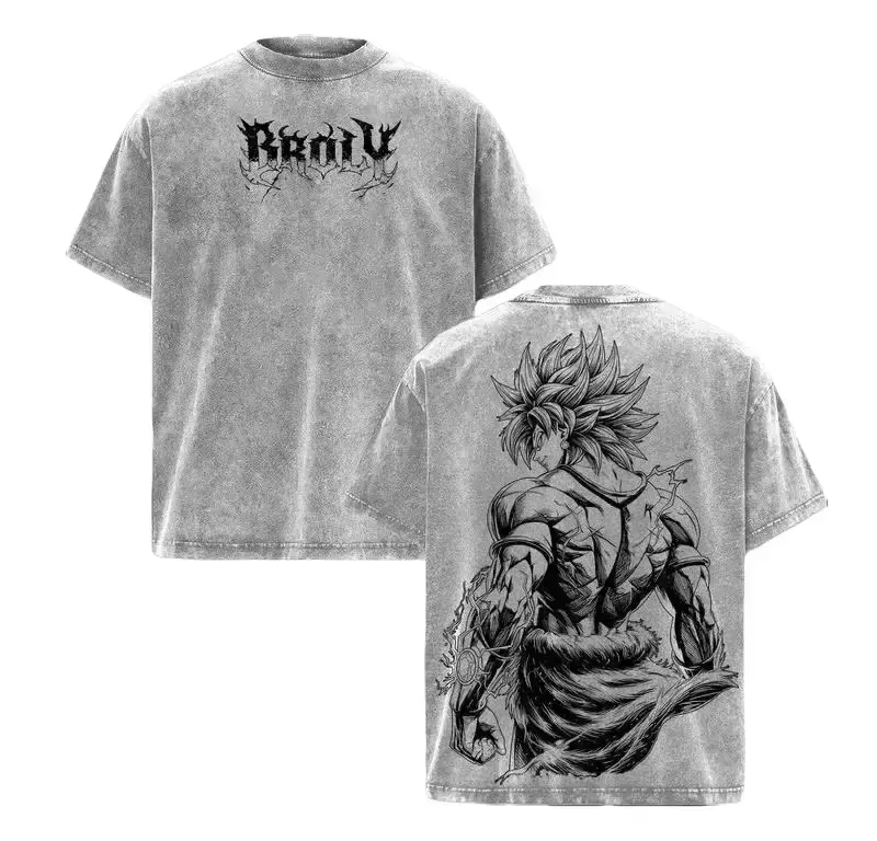 Men's DBZ Broly Vintage Washed Oversized Crew Neck Graphic Short-Sleeve T-Shirt - Premium Soft Cotton Top, Saiyan Anime Manga Print, 90s American Streetwear, Unisex Gym Cover, Rib Detail, Free Expedited Shipping