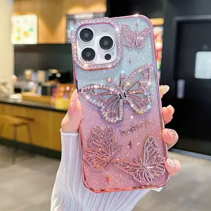 Sparkling Butterfly Diamond Phone Case, Soft Tpu Shockproof Cover for iPhone 16/15/14/13/12/11 Plus Pro Max, Stylish Protective Shell