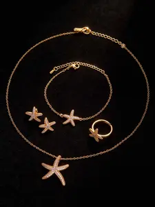 Bohemian 18k Copper Zircon Jewelry Set, Star-Shaped Pendant Necklace Bracelet Earrings Ring, Ideal Gift for Women