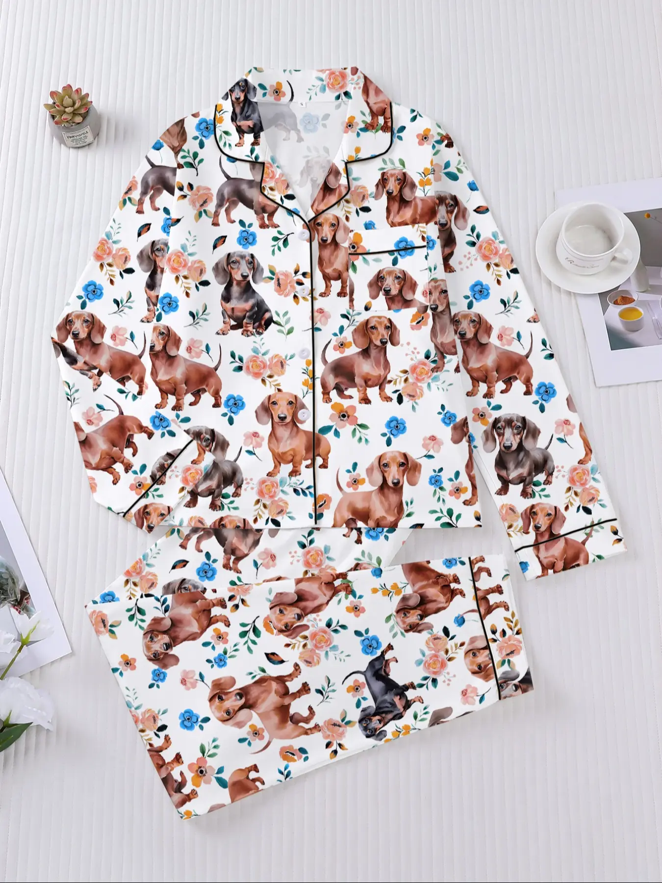 Women's Fall Winter Home Loungewear Set, Cute Sausage Dog Print, Party Sleepwear, Pajama Set, Buttoned Long Sleeve Top & Elastic Pants, Soft Stretch Fabric