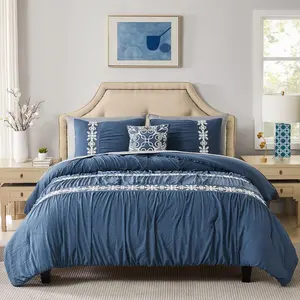 Navy Blue Comforter Set Queen in Embroidery, Boho, Farmhouse Blue Bedding Sets Queen 8 Pieces with Comforters, Sheets, Pillowcases & Shams, Bed in A Bag(Blue,Queen)