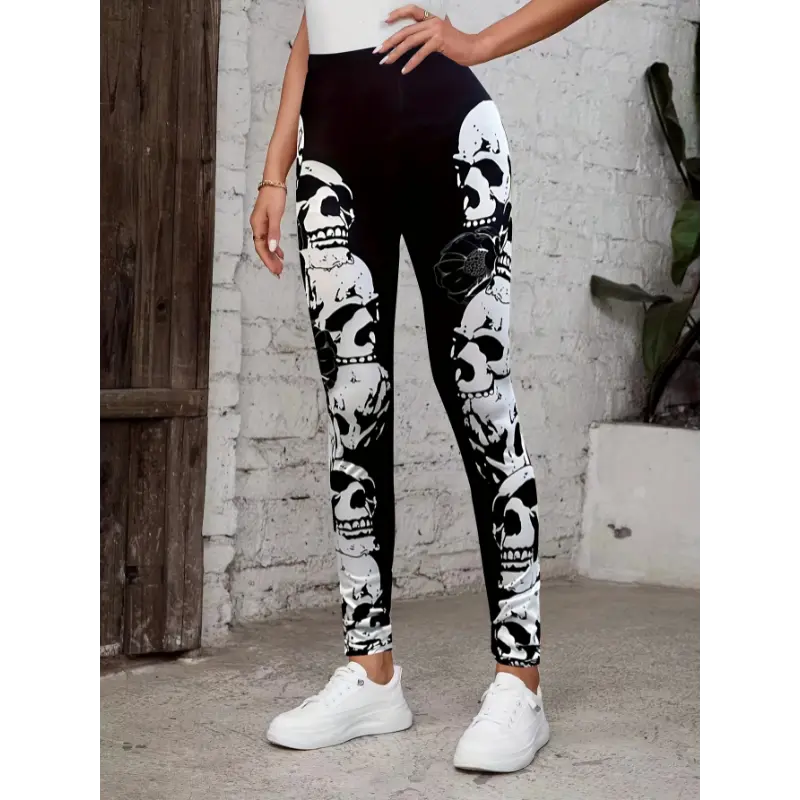 Cross-border leggings Skull Print Skinny Leggings, Casual Every Day Stretchy Leggings, Women's Clothing