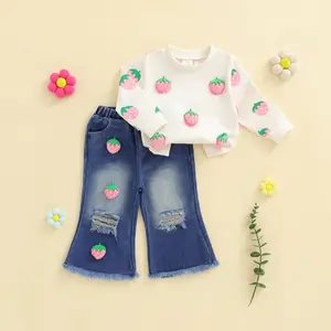 Toddler Girl Fall Outfits 3D Strawberry Long Sleeve Round Neck Pullover + Ripped Denim Flare Pants 2 Pcs Set