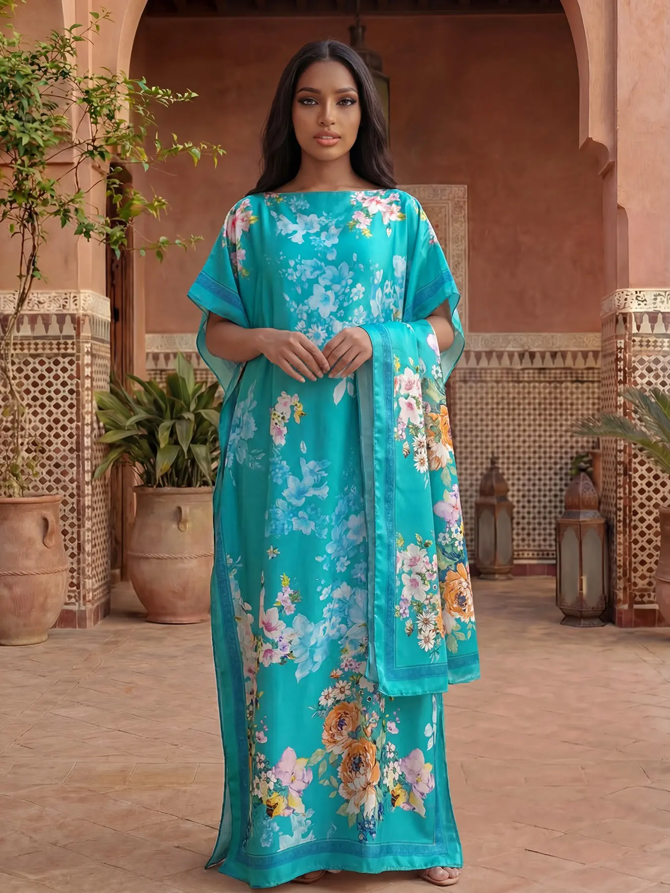Women's Spring Summer Floral Print Casual Boho Chic Elegant Chic Robe Set, Soft Comfortable Lightweight Long Shawl Scarf, Beach Sun Protection Satin Silk Wrap Womenswear Boho Style Woven Boho Outfits