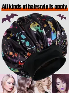 Women's Punk Style Wide Brim Sleep Cap with Elastic Hairband, Smooth Fiber Fabric, Y2K Pattern, Suitable for Curly and Straight Hair, Sleep Bonnets