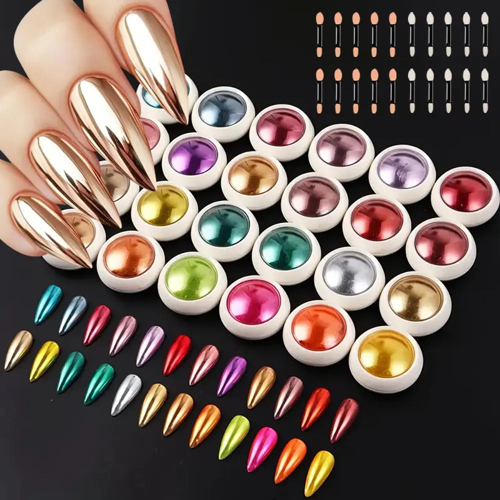 24Colors/Set Magic Mirror Nail Art Powder Metallic Effect Holographic Chrome Pigment Manicure Decor Rubbing Glitter Holographic Glazed Manicure Decoration Reflective Glitters Powder