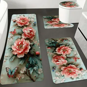 4pcs/ Set Peony Butterfly Printed Bathroom Protective Mat Set, Non-slip Bathroom Mat, Flannel Bathroom Mat, Bathroom Floor Mat, Toilet Mat Universal Soft Comfortable, Home Decoration, Sets Spring Decoration