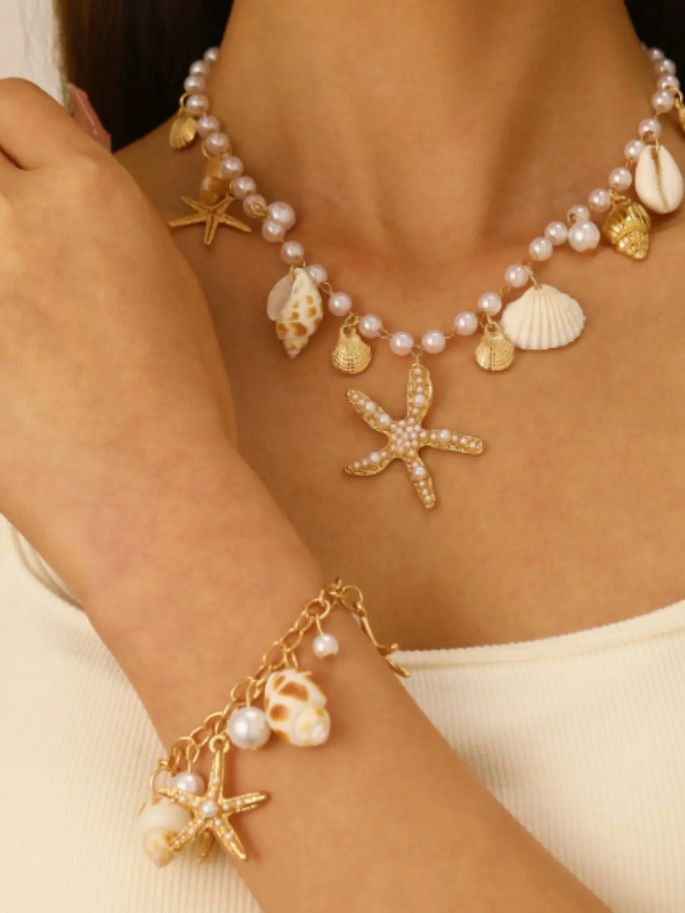 ✨Boho Summer Beach Shell Necklace Set, Matching Jewelry Set, Fashionable Sea Star Conch Pendant, Unique Ocean Jewelry, Includes Bracelet, Trendy Jewelry Set, Accessory Set