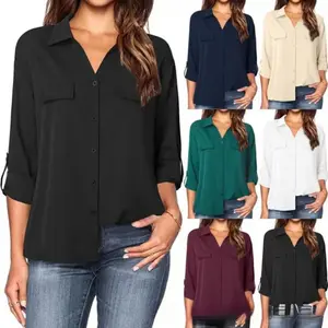 2025 New Women's Polo Collar Solid Color Bottoming Cardigan Women's Pocket Button Lapel Casual Women's Long-Sleeved Blouse Ins Style