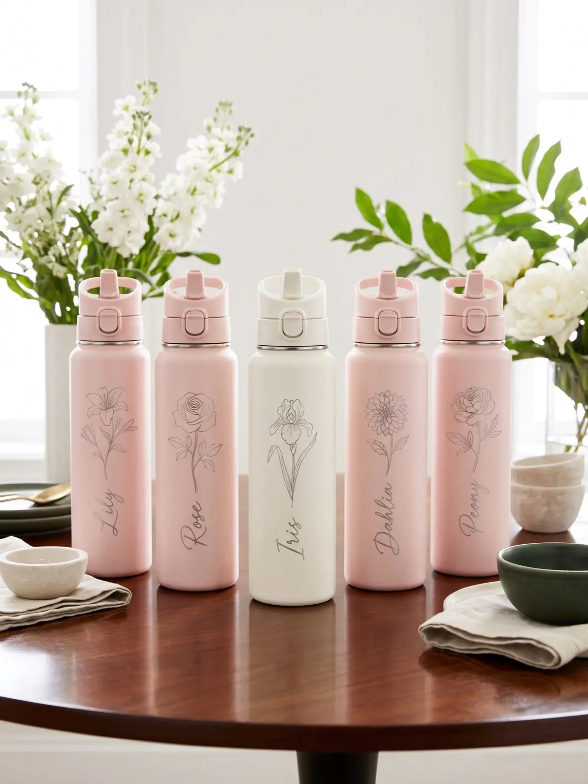 Birth Flower Engraved Bottle with Name | Personalized Wedding Party Gift | Bridesmaid Proposal | Insulated Water Bottle