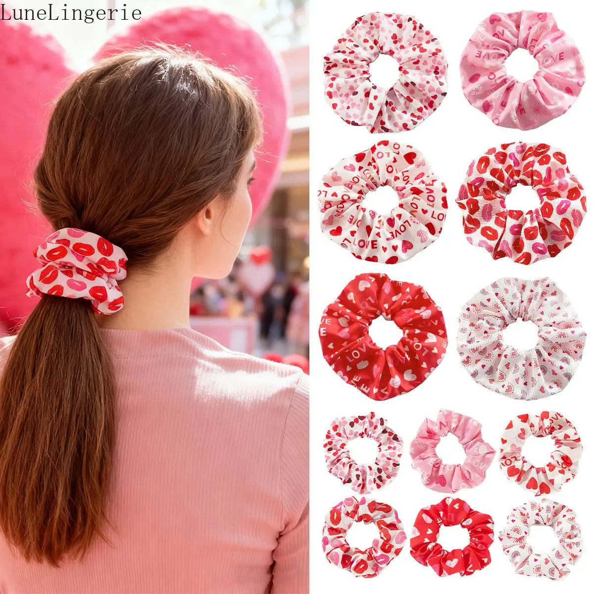 Women's Cute Hair Scrunchies 12-Piece Set, Soft Fabric Elastic Hair Bands with Romantic Heart & Lip Prints for Everyday Wear, Female, Elastic Fit, Casual, Daily, Soft Plastic, Heart Prints, Round Scrunchie