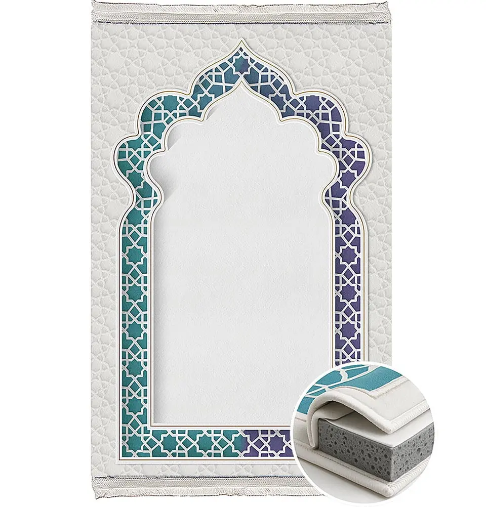 Foam Islamic Prayer Rug - Velvet Digital Print Selcuk Arch - Aqua Blue