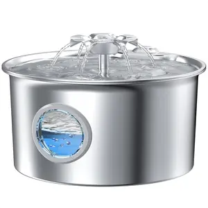 Stainless Steel Cat Water Fountain: 88oz/2.6L Ultra Quiet Pet Fountain with Flower Kitty Spout & LED Blue Light Water Dispenser with Water Level Window for Cats/Dogs Indoor (Silver) automatic water feeder