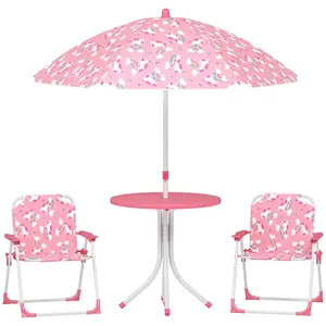 Qaba Kids Picnic Table with 2 Folding Chairs and Umbrella, Unicorn Theme Portable Children Outdoor Furniture for Backyard, Garden, Patio, Pink