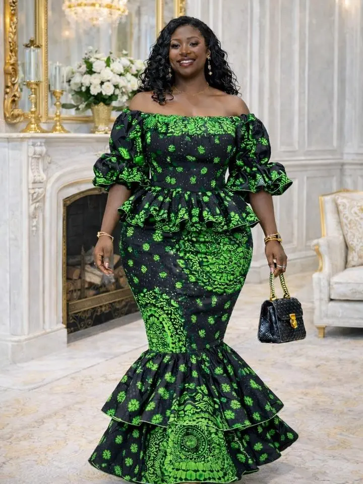 african print peplum dresses Elegant African Print Peplum Midi Dress