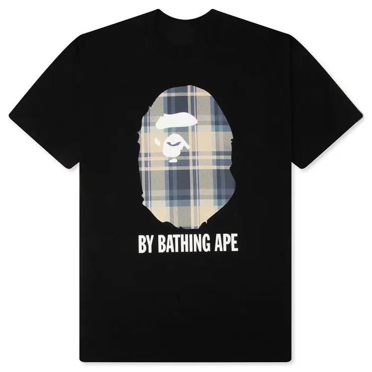 2026 Blue Plaid Tee Short Sleeve Crew Neck Casual Summer T-Shirt with Iconic Ape Head Design and Checkered Pattern
