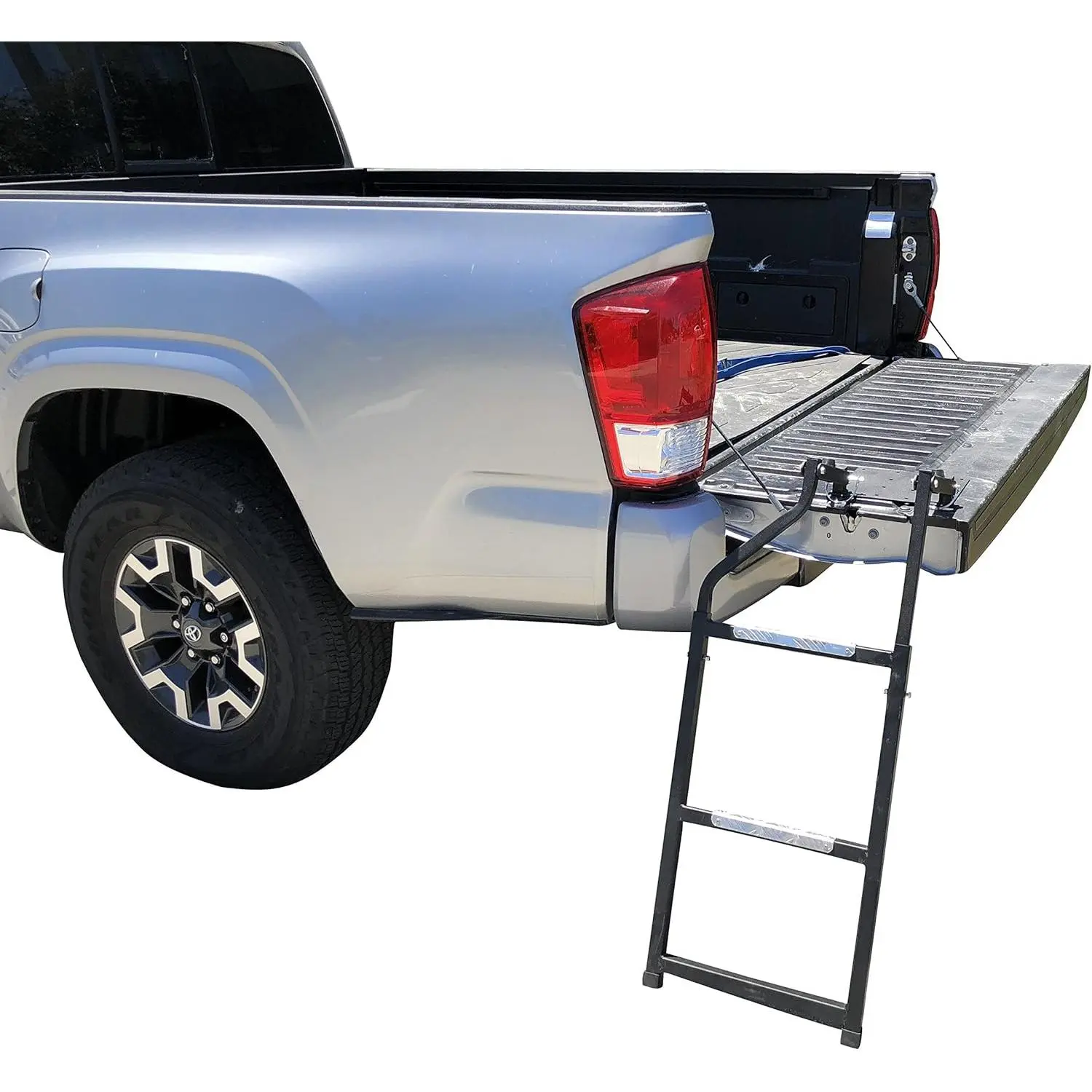 Pickup Truck Tailgate Ladder - Universal Fit, Stainless Steel Self Drilling Hex Screws for Easy Install, Durable Aluminum Step Grip Plates, and Sturdy Rubber Ladder Feet