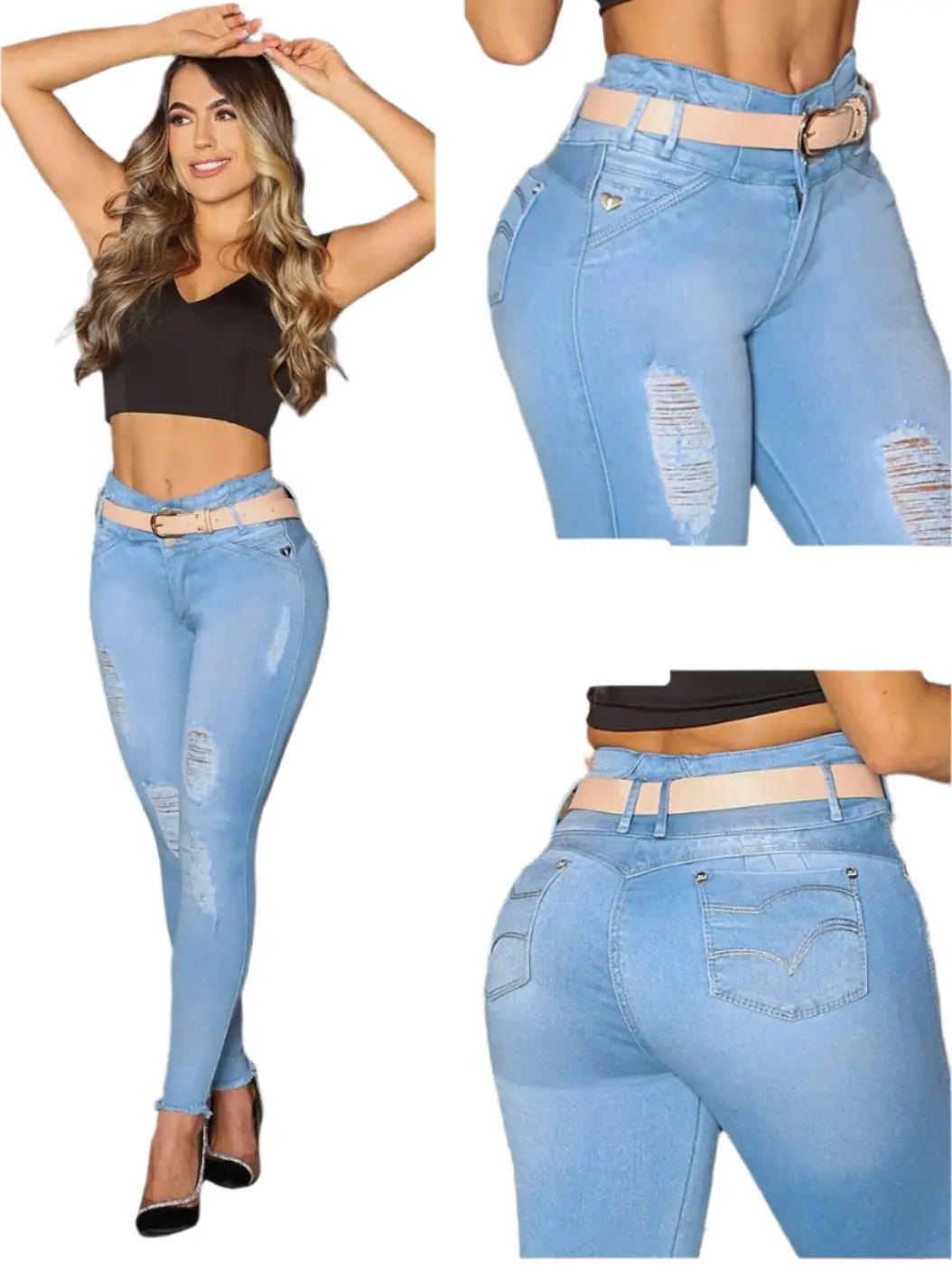 Jean's Cintura Alta Colombianos Compression Denim, High Waist Women's Bottom Trouser Pants Streetwear Love Comfort Fabrics Womenswear Light blue Skinny Slim 7501
