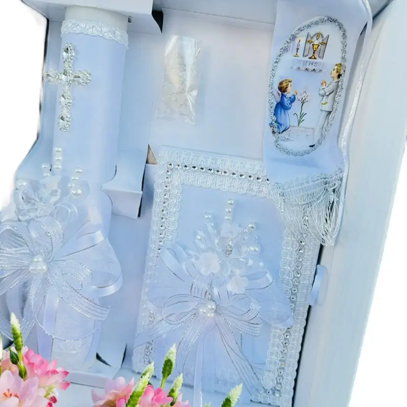 8-in Traditional First Communion Candle Religious Gift Pack, Party Supplies for Boys - Includes Rosary, New Testament, Decorative Elements in Box (English & Spanish)
