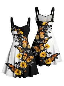 Gothic Skulls Butterfly Print Mini Dress | Sweetheart Neck Ruched Bust A-Line Dress Fit Womenswear
