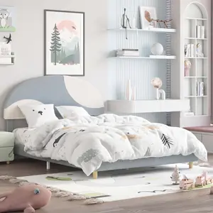 Full Bed Frame with Upholstered Round Boucle Headboard, Arch-Shaped Design in Soft Blue and White, Modern Kids Bed with Wooden Slats, No Box Spring Required and Easy Assembly