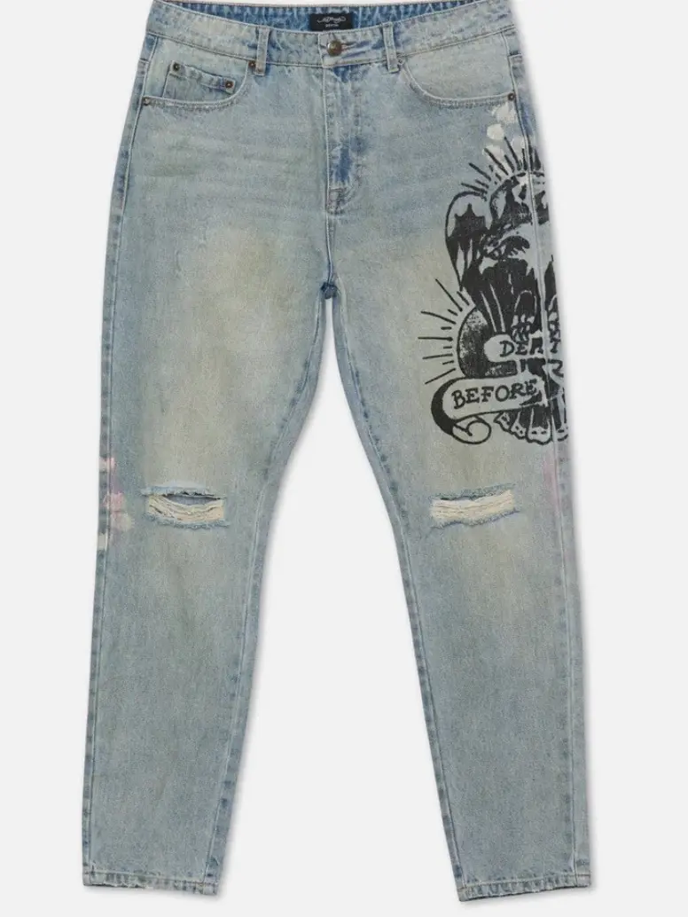 Ed Hardy Men's Slim-Fit Jeans - Durable Sports & Outdoor Casual Streetwear with Light Vintage Wash, Pocket Detail (Size 40)