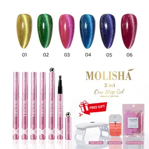 MOLISHA 1-Step Portable Leak-Proof Gel Nail Polish Pen Kit | 6 Vibrant Colors Cat Eye Effect | Complete One Step DIY Manicure Set with UV Light & Sanitizer Spray
