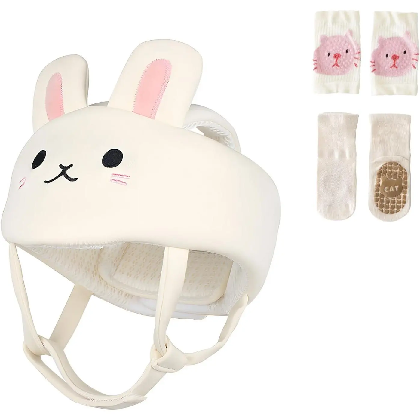 Unisex Baby Bunny Bonnet Kit Set, 3-Piece Safety Gear with Breathable 3D Mesh Helmet, Anti-Slip Cotton Socks & Knee Pads, Adjustable Fit for Growing Babies, Ideal for Photos & Birthdays, Fabric