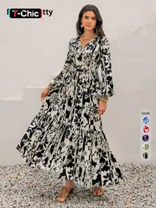 Women's Boho Floral Print Lantern Sleeve Dress with Fitted Waist Tie Design, Comfortable Casual Long Sleeve Dress for Fall & Winter