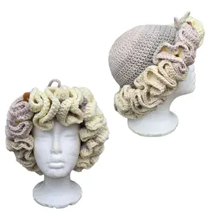 Crochet ruffle drawstring hat