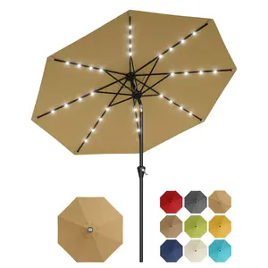 Garvee 10FT Solar Patio Umbrella with 32 LED Lights, Outdoor Table Parasol comes with Crank Lift & Push Button Tilt, built with 8 Sturdy Ribs, UV Protection and Waterproof Performance, excellent sun shade for Patio, Pool, Deck, Yard and Garden