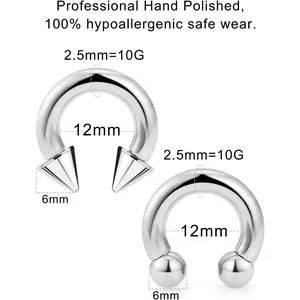 PA Ring Internally Threaded Spike & Ball Circular Barbells Horseshoe Large Septum Ring Ear Gauges Earrings 2G 4G 6G 8G 10G 12mm/16mm 316L Surgical Steel Pierced Body Jewelry for Women Men