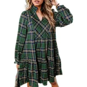 Plaid Mini Dress for Women with Pockets Long Sleeve Frilly Collar Elegant Fashion Trend Cute Casual Dresses Fall Christmas Outfit Ideas Work to Weekend