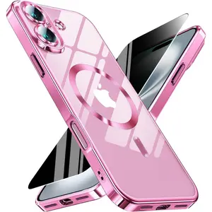 Magnetic for iPhone 17 Case with Privacy Screen Protector & Full Camera Cover,[Non-Yellowing] Shockproof Clear Phone Case Compatible with MagSafe Women Girls for iPhone17,Hot Pink