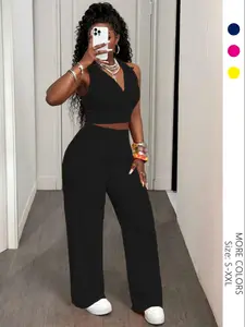 USBoutiqueCHIC Women's Casual 2-Piece Set - Short Sleeve Crop Top & High-Waist Wide-Leg Pants | 180GSM Milk Silk Fleece