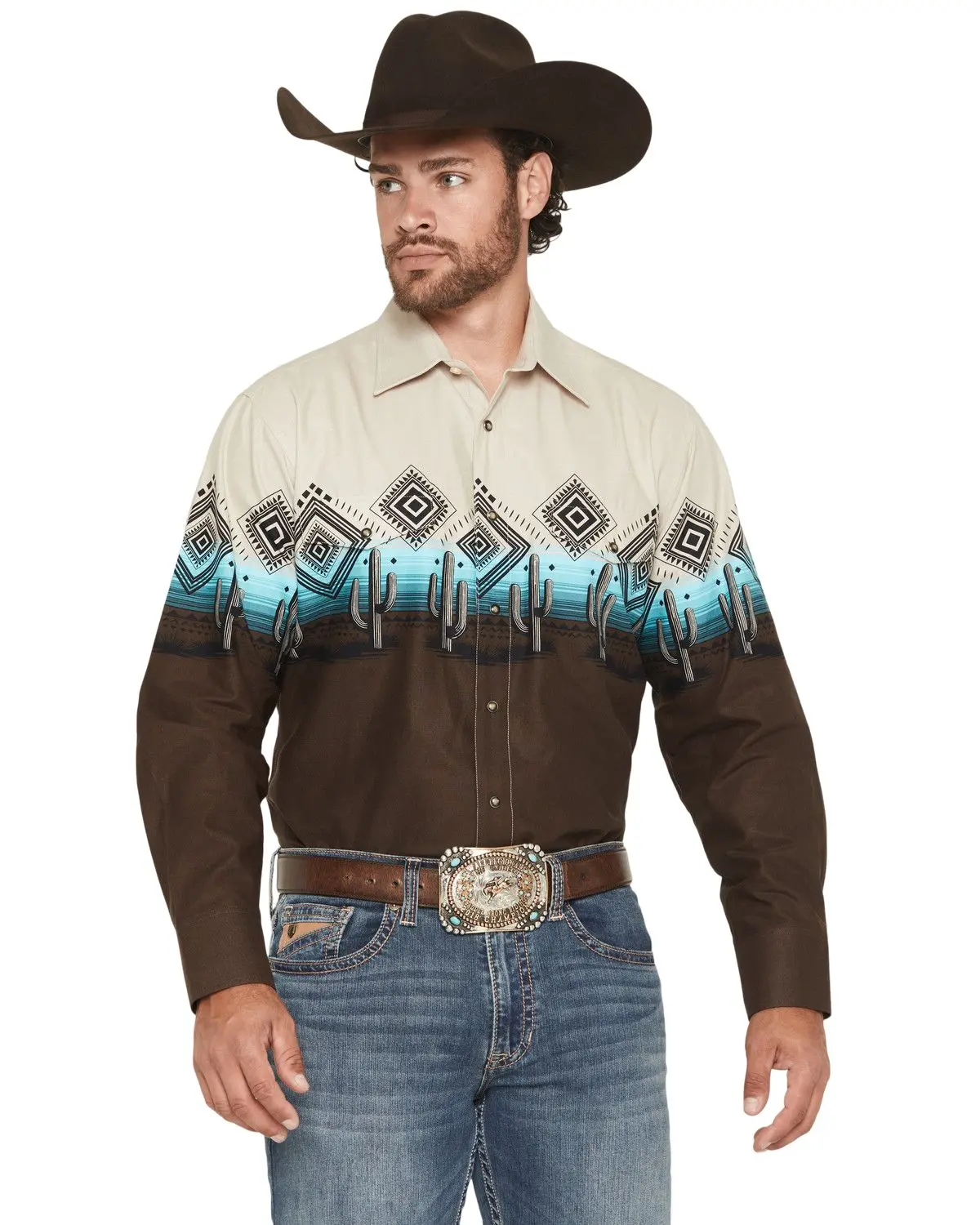 Panhandle Men's Slim Men'S Southwestern Cactus Border Long Sleeve Snap - Smn2s07680